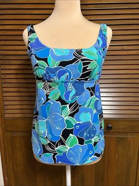 Lands' End Blues, Green & Black Floral Tankini Top Swimwear Size 6